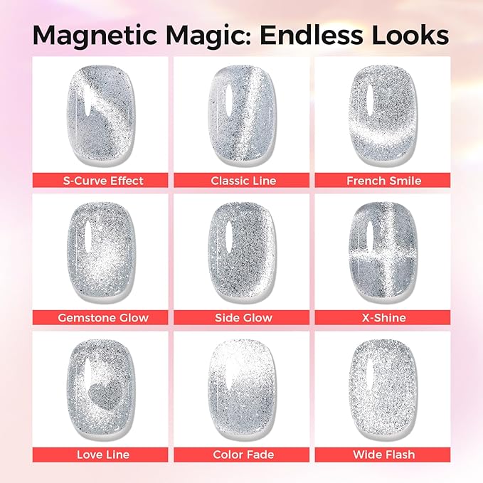 5-in-1 Cat Eye Gel Polish 15ml No Base/Top Coat Needed All-in-One Formula, Beginner-Friendly Magnetic Nail Polish with Magnet Stick, Fast Curing for Home DIY Manicure (Silver)