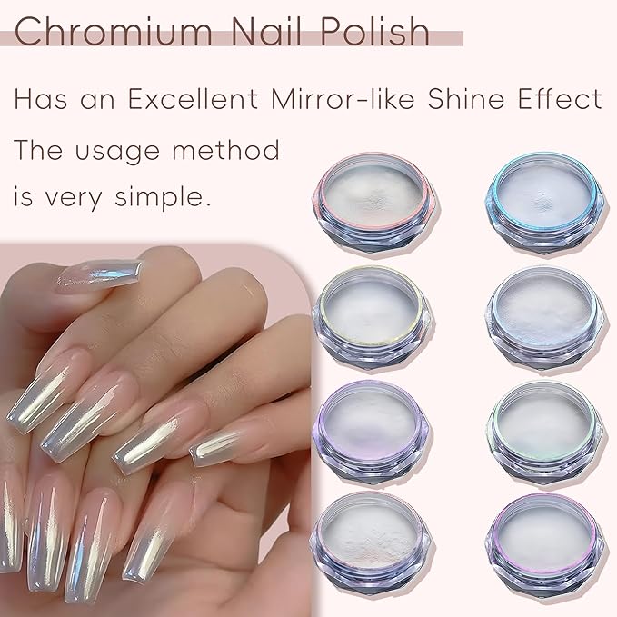 12 PCS Chrome Nail Powder Mirror Effect Kit, Large Capacity Metallic Pearlescent Nail Glitter Pigment with Applicators,Professional Nails Chrome Powder Kit,Gold Powder for Gel Nails (8pcs)