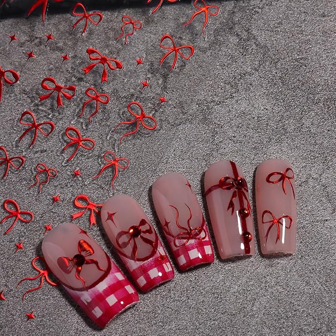 Fcozpjk Bow Stickers for Nails, 4PCS Colorful Bow Nail Stickers Laser Gold Red Holographic 3D Self Adhesive Ribbon Nail Decals Cute Bow Nail Charms Y2K Design Pegatinas para Uñas