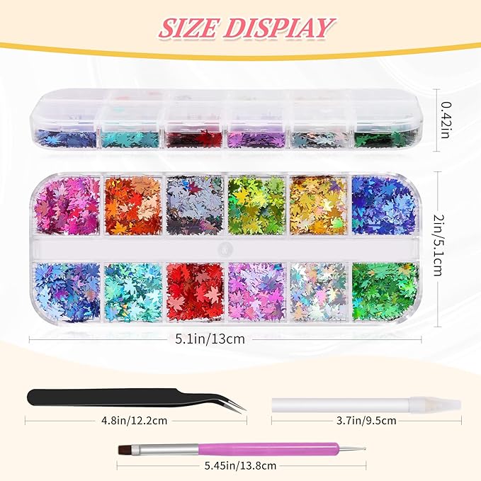 10 Boxes Holographic Nail Glitter Sequins Kit,Mixed Shape Iridescent Laser Butterfly Heart Star Maple Leaf Cherry Blossoms Sakura Petal Nail Art Flakes with Tweezers & Dotting Tools for Nail Craft