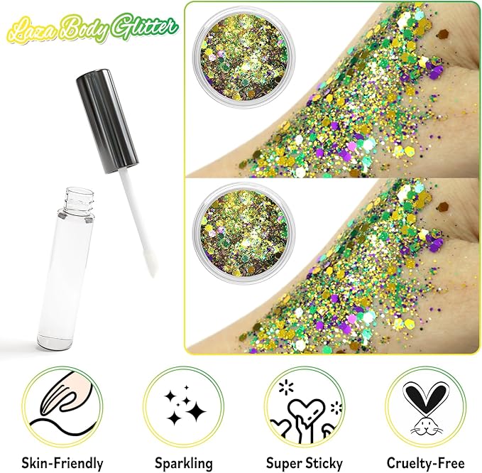 Laza Mardi Gras Body Glitter, 2 Jars Gold Purple Green Chunky Sequins with Glue Women Eyeshadow Fat Tuesday Face Paint Festival Rave Outfit Hair Accessories Party Costumes – Mardi Gras Carnival