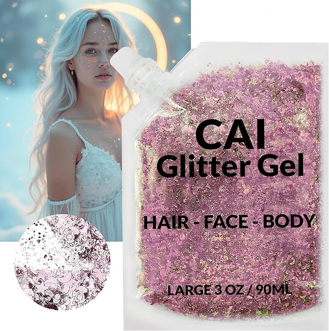 Face, Body & Hair Glitter Gel – Halloween Glitter for Kids and Women – 3 Oz Cosmetic-Grade Gel w/Moon & Stars for Festivals & Halloween Party, Easy Apply & Wash Off - Rose 1Pack