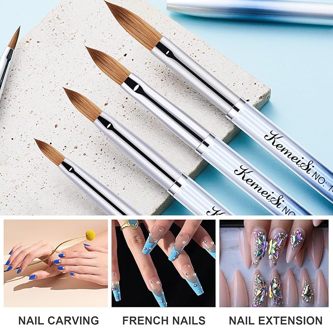 4-in-1 Acrylic Nail Brush Set, Size 04/08/10/14 Kolinsky Nail Art Brushes, Sturdy Oval-shaped Handles, Professional DIY Home Manicure Tools