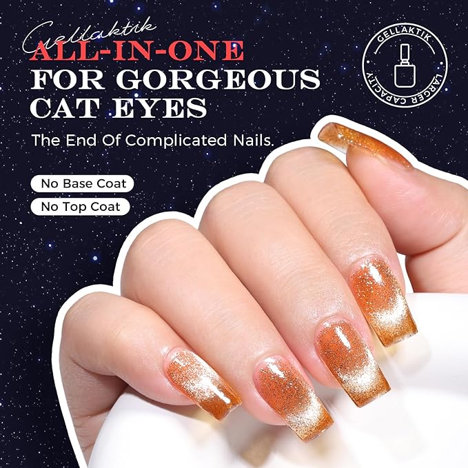5-in-1 Cat Eye Gel Polish 15ml No Base/Top Coat Needed All-in-One Formula, Beginner-Friendly Magnetic Nail Polish with Magnet Stick, Fast Curing for Home DIY Manicure (Bronze Glitter)