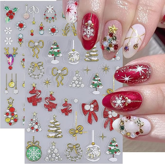 2 Sheets Christmas Nail Stickers 5D Embossed Winter Nail Art Stickers Xmas Tree Holly Wreath Elk Bow Rhinestones Nails Designs Self-Adhesive Gold Nail Decals Snowflake Nails Art Supplies for Women