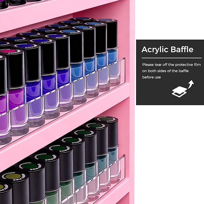 Wood Nail Polish Rack, Wall Mount Nail Polish Organizer, 6 Layers Nail Salon Storage Display Shelves Perfume Bottles Essential Oil Holder w/Acrylic Baffle, Pink