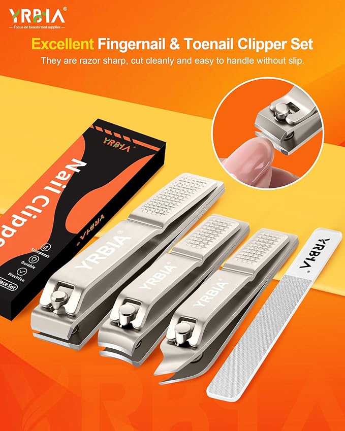 Nail Clippers with Glass Nail File, YRBIA Ultra Sharp Nail Clipper Set, Professional Stainless Steel Fingernail & Toenail Clippers Nail Cutter Set for Men & Women
