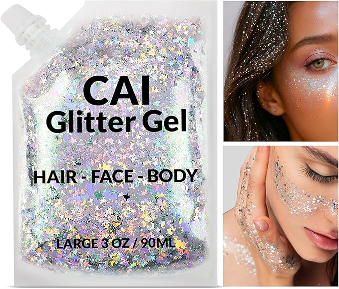 Face, Body & Hair Glitter Gel – Halloween Glitter for Kids and Women – 3 Oz Cosmetic-Grade Gel w/Moon & Stars for Festivals & Halloween Party, Easy Apply & Wash Off - Red/Silver 2Pack