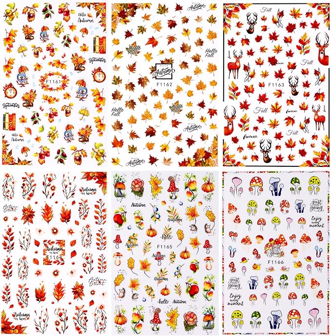 6 Sheets Thanksgiving Nail Art Stickers 3D Self -Adhesive Fall Maple Leaf Nail Decals Holographic Pumpkin Mushroom Nail Stickers Autumn Thanksgiving Nail Staickers Decoration for Women DIY Manicure