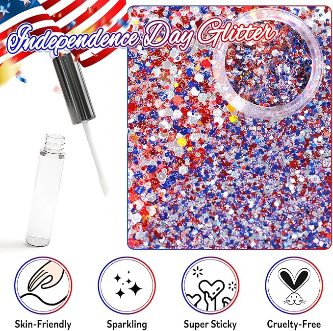 Laza Independence Day Body Glitter, 2 Jars Olympic Red Blue White Chunky Sequins with Glue Women 4th of July Face Paint Festival Rave Outfit Hair Accessories Party Costumes-Independence Parade