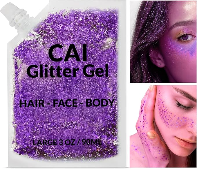 Face, Body & Hair Glitter Gel – Halloween Glitter for Kids and Women – 3 Oz Cosmetic-Grade Gel w/Moon & Stars for Festivals & Halloween Party, Easy Apply & Wash Off - Purple/Silver 2Pack