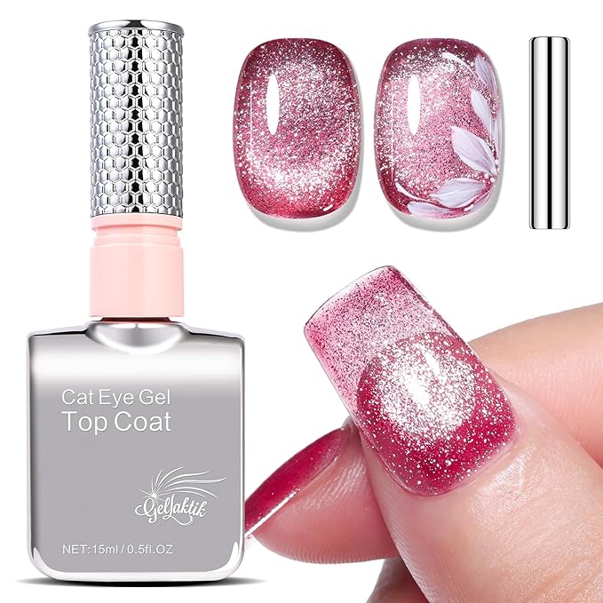 5-in-1 Cat Eye Gel Polish 15ml No Base/Top Coat Needed All-in-One Formula, Beginner-Friendly Magnetic Nail Polish with Magnet Stick, Fast Curing for Home DIY Manicure (Burgundy Glitter)