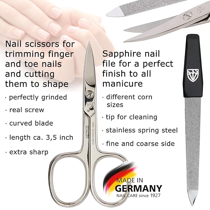 3 Swords Germany - brand quality 3 piece manicure pedicure grooming kit set for professional nail care scissors file genuine leather case in gift box, Made in Solingen Germany