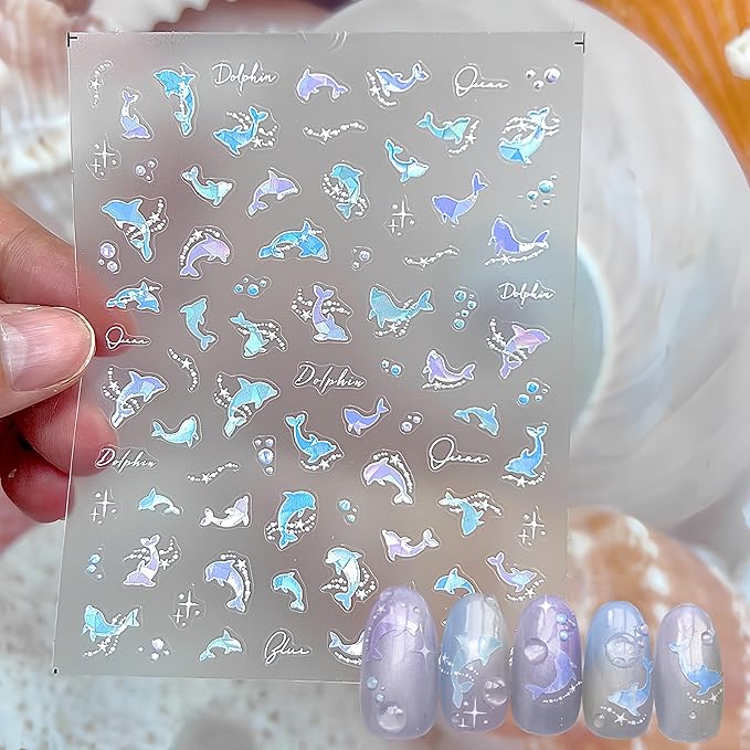 1 Sheet Dolphin Nail Art Sticker 5D Embossed Ocean Cute Dolphin Pearl Fantasy Nail Designs for Women Girls Summer Nail Art DIY Decoration