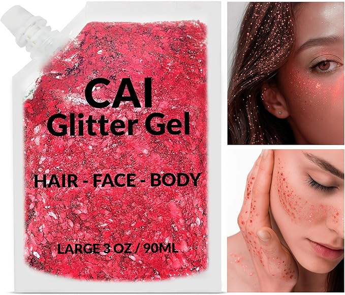Face, Body & Hair Glitter Gel – Halloween Glitter for Kids and Women – 3 Oz Cosmetic-Grade Gel w/Moon & Stars for Festivals & Halloween Party, Easy Apply & Wash Off - Red/Silver 2Pack