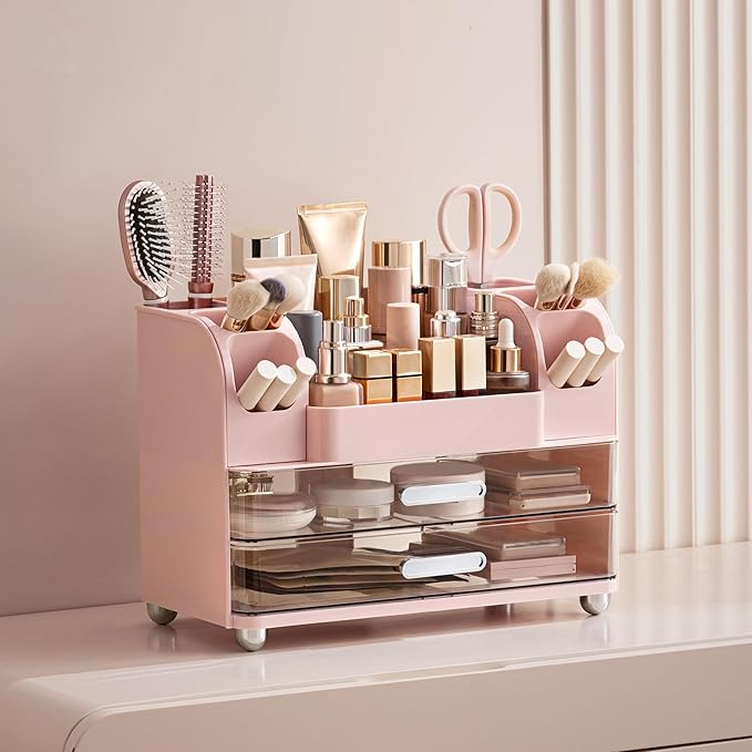 HBlife Makeup Organizer for Vanity with Brush Holder, Large Bathroom Countertop Cosmetic Organizer Skin Care Storage, Easy to Store Lipsticks, Nail Polishes, Perfumes, Eyeshadow Palettes, Pink