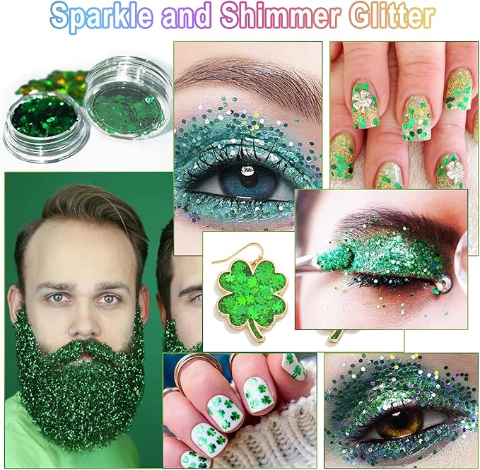 Laza 2 Jars St. Patrick’s Day Body Glitter Iridescent Chunky Sequins with Glitter Glue Women Eyeshadow Makeup Face Paint Festival Rave Outfits Hair Accessories Carnival Party Costumes- Gold Blue Green