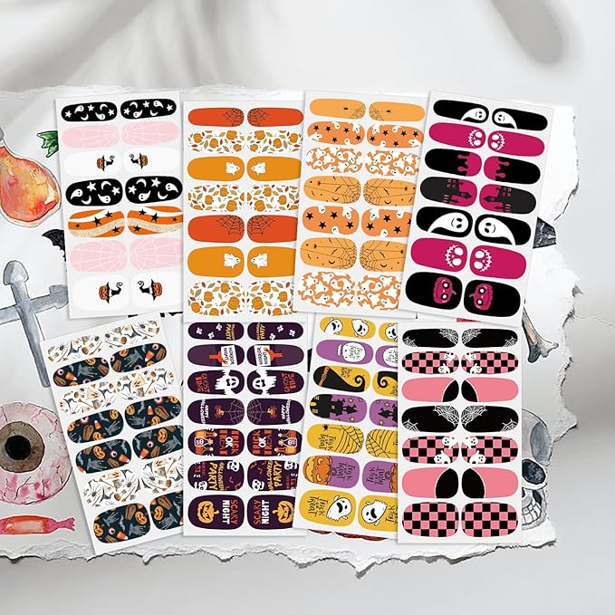 DANNEASY 8 Sheets Halloween Nail Wraps for Women Holiday Nail Polish Stickers Self Adhesive Nail Polish Strips Pumpkin Skull Ghost Fingernail Nails Design with Nail File, Cuticle Stick