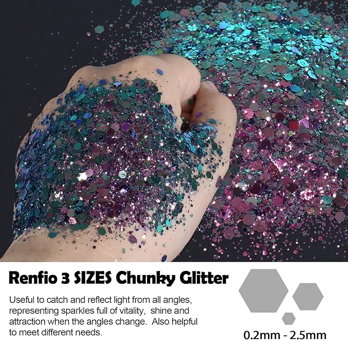 Renfio Chameleon Chunky Glitter, Mixed Fine Powder Color Shift 1.75 Oz (50g) PET Flake Hexagon Purple Green Glitters Sequin Resin Pigment Chip Dust for Slime Painting Craft Hair Nail - Sauteed Pitaya