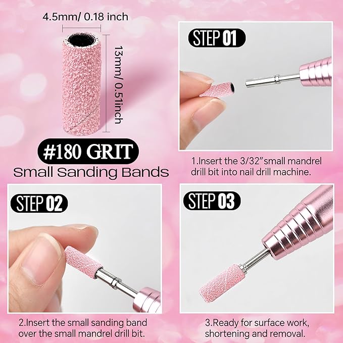 Sanding Bands for Nail Drill with 3.1MM Mandrel Bit Set, 180 Fine Grit Small Nail Files Sanding Band for Acrylic Nails Gel Manicure and Pedicure 50 Pcs, Pink