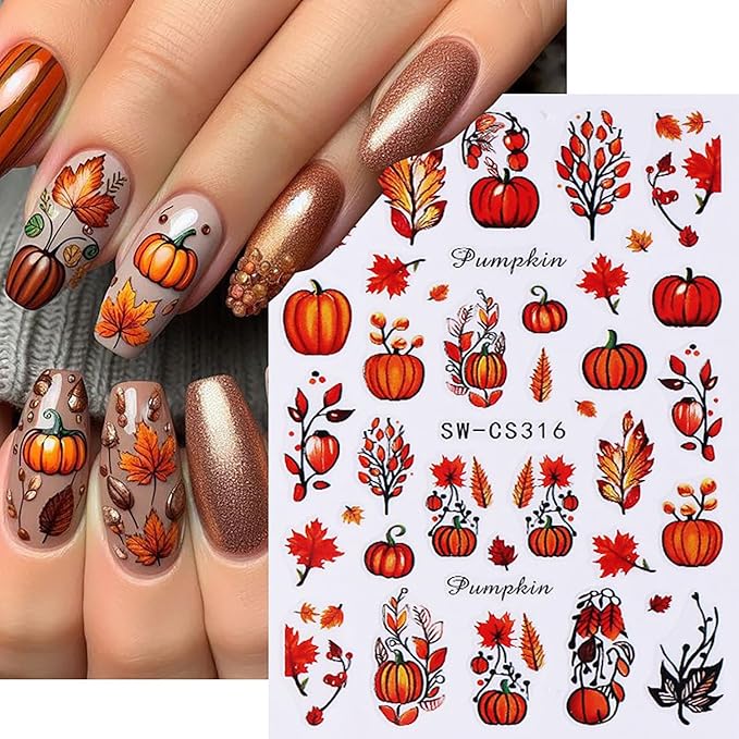 6 Sheets Thanksgiving Nail Art Stickers 3D Self -Adhesive Fall Maple Leaf Nail Decals Holographic Flower Pumpkin Nail Stickers Autumn Thanksgiving Nail Staickers Decoration for Women DIY Manicure