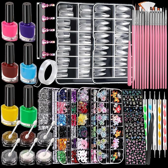 FANDAMEI Nail Art Kit, 54 Pcs Nail Tool Set with 6-Color Nail Polish, 20 PCS Nail Art Brushes, 2 Box False Nail Tips, 6 Jar Chrome Nail Powder, 4 Box Nail Charms, 10 Sheet Nail Stickers for Beginners