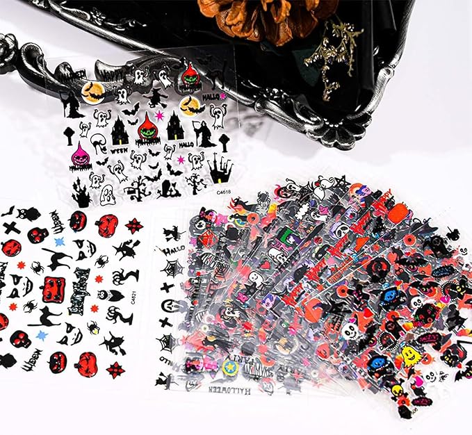 TOGZOM Halloween Nail Art Stickers 3D Self-Adhesive Pumpkin Ghost Nail Decals Skull Spider Web Designs Gothic Nail Stickers for Acrylic Nails DIY Accessories Nail Decoration 24Sheet