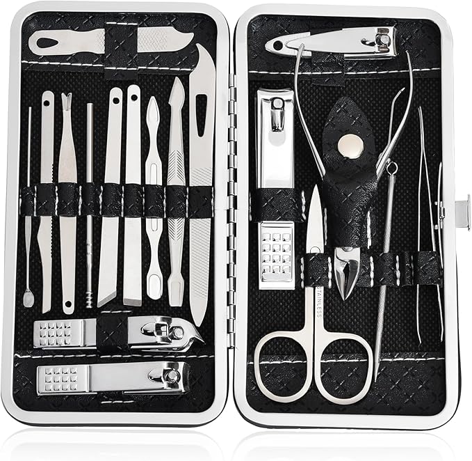 19 in 1 Manicure Set & Nail Clippers Kit, Professional Stainless Steel Grooming Kit for Women & Men, Complete Nail Care Tools with Travel Case, Ideal for Toenail, Pedicure, Home Use or Travel, Black