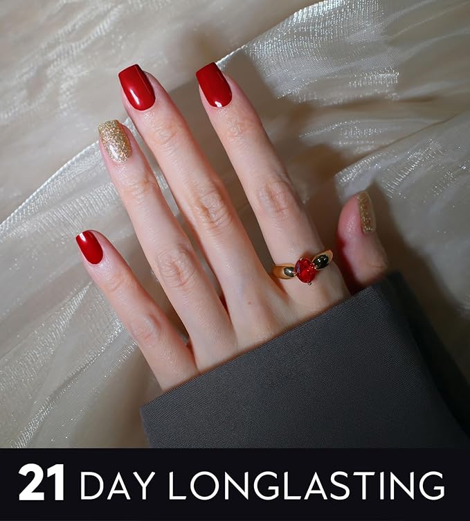 Beaolata Semi Cured Gel Nail Strips - UV Light Gel Nail Stickers - 20 Long Lasting Salon Quality Wraps (Opulent Redstone Red&Gold)