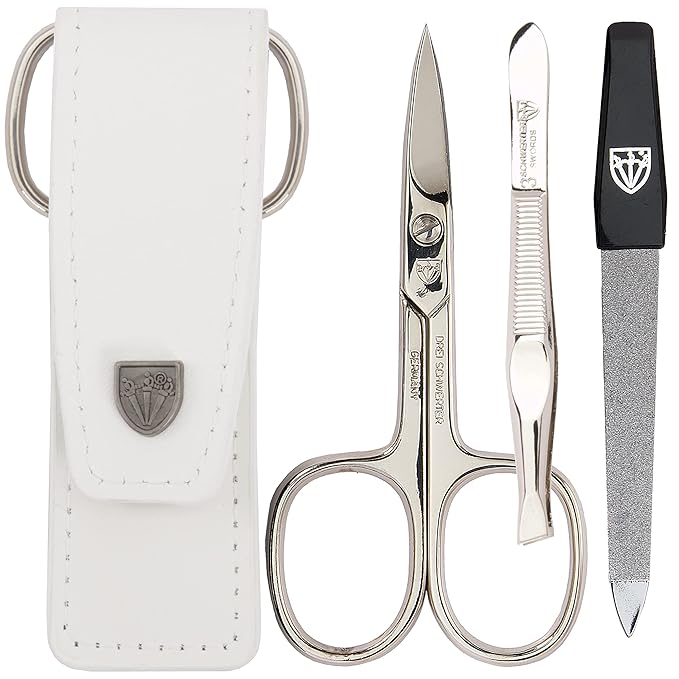 3 Swords Germany - brand quality 3 piece manicure pedicure grooming kit set for professional nail care scissors file genuine leather case in gift box, Made in Solingen Germany