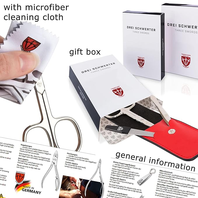 3 Swords Germany - brand quality 3 piece manicure pedicure grooming kit set for professional nail care scissors file genuine leather case in gift box, Made in Solingen Germany
