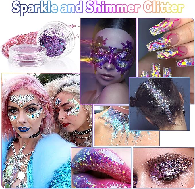 Laza Body Glitter, 2 Jars Iridescent Chunky Sequins with Glitter Glue Perfect for Women Eyeshadow Makeup Face Paint Festival Rave Outfits Hair Accessories Carnival Party Costumes - Colorful Purple