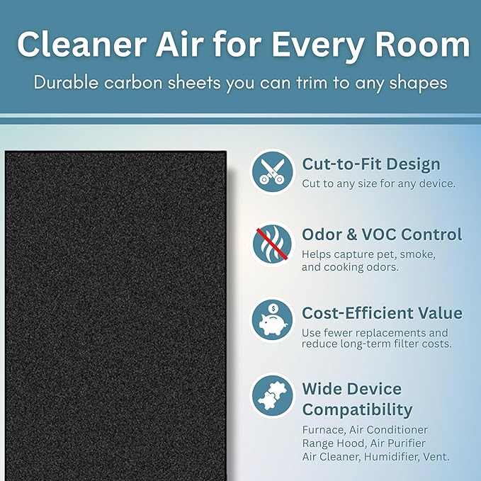 Activated Carbon Filter Pad - Cut to Fit Air Vent Filters for Home, AC, Furnace, Range Hood & Vent - Charcoal Filter Sheets Material for Dust, Odor, Smoke & Allergen Removal - 2 Pack