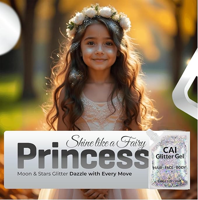 Face, Body & Hair Glitter Gel – Halloween Glitter for Kids and Women – 3 Oz Cosmetic-Grade Gel w/Moon & Stars for Festivals & Halloween Party, Easy Apply & Wash Off - Blue 2Pack