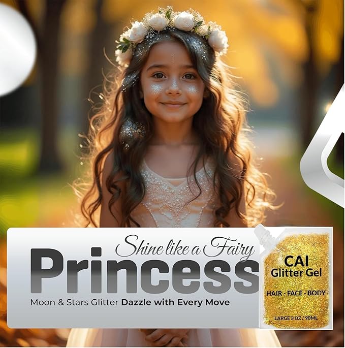 Face, Body & Hair Glitter Gel – Halloween Glitter for Kids and Women – 3 Oz Cosmetic-Grade Gel w/Moon & Stars for Festivals & Halloween Party, Easy Apply & Wash Off - Silver/Gold 2Pack