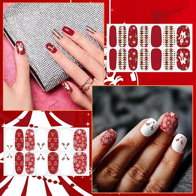 DANNEASY 8 Sheets Christmas Nail Wraps Holiday Nail Polish Stickers Festival Nail Polish Strips for Women Self Adhesive Fingernail Stickers Nails with Nail File, Cuticle Stick
