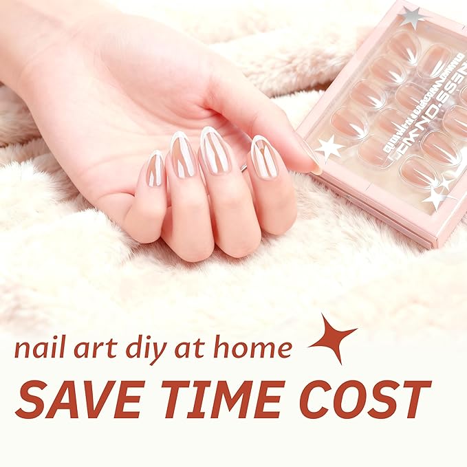 White Almond French Tip Press On Nails Kit with Nail Glue Adhesive Tabs Mini Nail File,Christmas Short Almond Fake Nails，30 Soft Gel Fake Nail Kit for Women,Nails Press Ons 32Pcs 16 Sizes