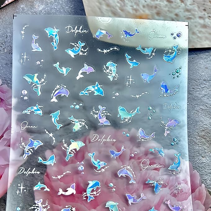 1 Sheet Dolphin Nail Art Sticker 5D Embossed Ocean Cute Dolphin Pearl Fantasy Nail Designs for Women Girls Summer Nail Art DIY Decoration