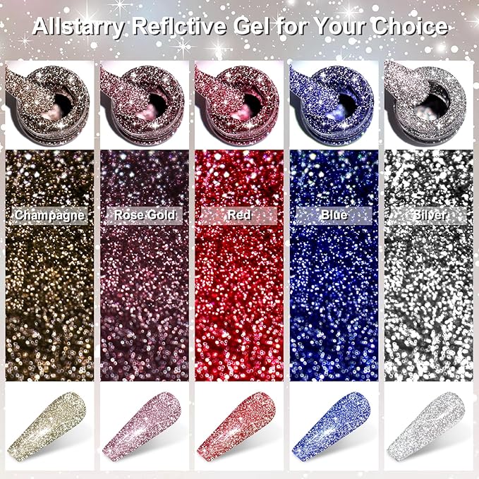 Allstarry Reflective Red Glitter Gel Nail Polish, 15ml/0.5 Fl Oz Shimmer Sparkle Diamond Red Glitter Nail Polish UV LED Curing Soak Off Home DIY Salon for Christmas Valentines nails Wedding