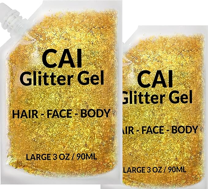 Face, Body & Hair Glitter Gel – Halloween Glitter for Kids and Women – 3 Oz Cosmetic-Grade Gel w/Moon & Stars for Festivals & Halloween Party, Easy Apply & Wash Off - Gold 2Pack