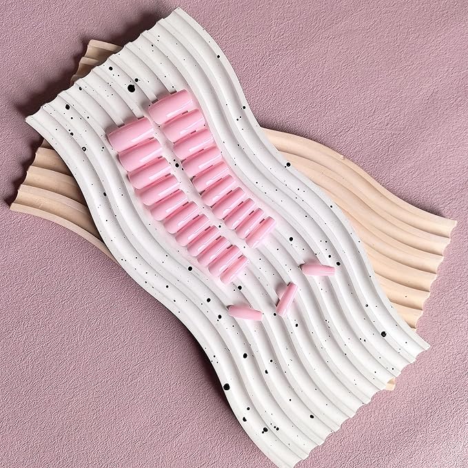 KQueenest Baby Pink Press on Nails Long Medium Square, Glossy Gel Medium Fake Nails Press ons, Natural Solid Color Full Cover Acrylic Nails for Women Daily Wear, 24 Pcs