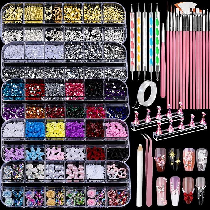 Teenitor Nail Charms and Nail Art Tools Set, Nail Art Kit with 5 Boxes of 3D Nail Charms and Gems Rhinestones, 15 Pcs Nail Art Brushes, 5 Pcs Nail Dotting Tools, 2 Set of Nail Stand