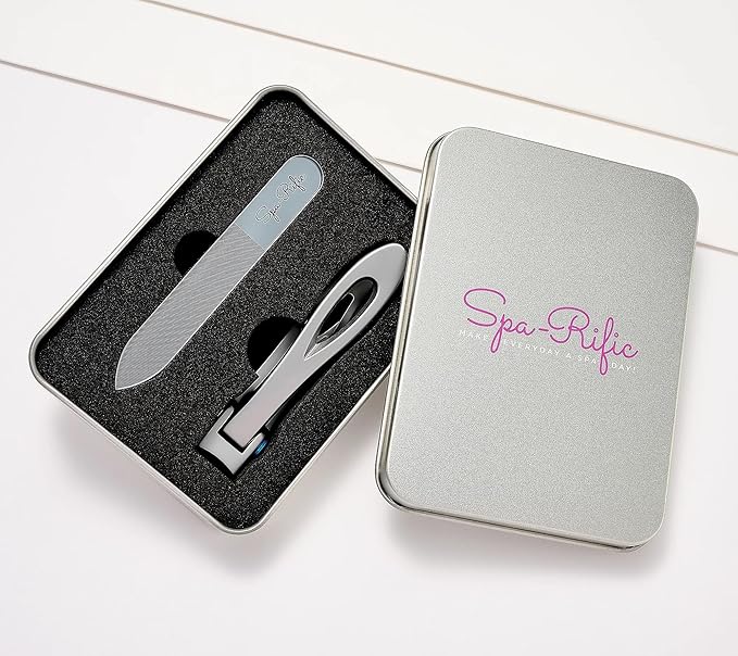 Spa-Rific 2pc Set of Wide Jaw Ergonomic Nail Clippers and Nano Glass Laser Etched Nail File with a Carrying case - Stainless Steel