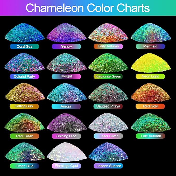 Renfio Chameleon Chunky Glitter, Mixed Fine Powder Color Shift 1.75 Oz (50g) PET Flake Hexagon Purple Gold Green Glitters Sequin Resin Pigment Chip Dust for Slime Painting Craft Hair Nail - Twilight